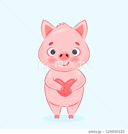 Cute pig holding a heart in his hands 124850183