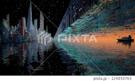 巨大構造物と未来都市が広がる星空の下の幻想的サイバーパンク風イラスト素材 124850763