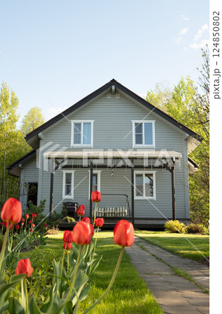 Contemporary two-story house of timber in countryside in spring. Cottagecore house have nice landscaping, with shrubs, green lawn and tulips. Russian dacha in Moscow region. Vertical format. Backyard Contemporary two-story house of timber in countryside in spring. Cottagecore house have nice landscaping, with shrubs, green lawn and tulips. Russian dacha in Moscow region. Vertical format. Backyard 124850802