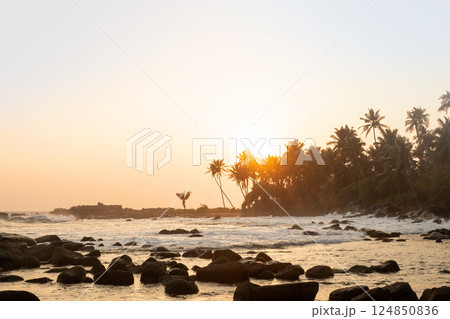 Beautiful sunset on tropical island. Silhouette of palm trees at sunset. Panoramic beach landscape. Inspire tropical nature seascape horizon. Outdoors. World Ocean Day. 124850836