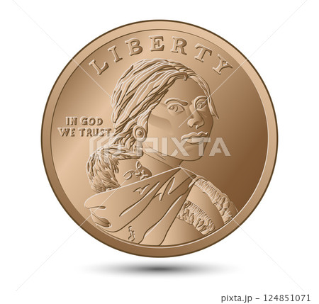 Sacagawea dollar, golden dollar coin, Sacagawea and her child on obverse american money. American money. Vector illustration. Sacagawea dollar, golden dollar coin, Sacagawea and her child on obverse american money. American money. Vector illustration. 124851071