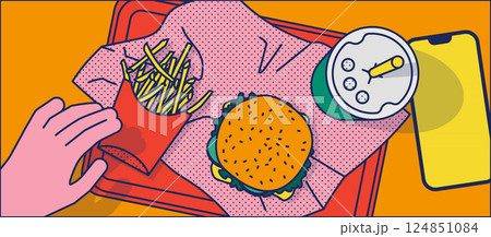 バーガーショップの様子。主観的構図のイラスト。 124851084