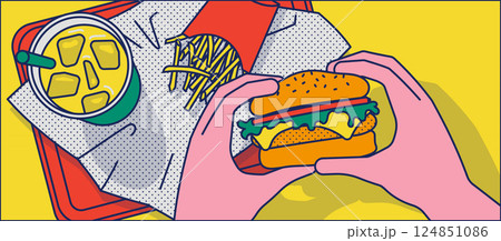 ハンバーガーを食べる様子のイラスト。上からの構図 124851086
