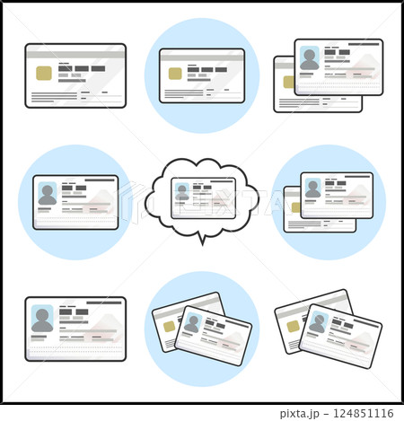 次期マイナンバーカード（個人番号カード）表裏両面のイラスト　ベクターカラーアイコン　新デザインセット 124851116