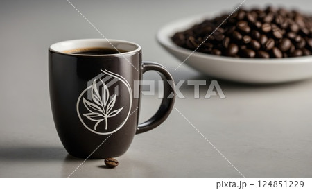 Cup of coffee against the background of a plate with aromatic coffee beans 124851229