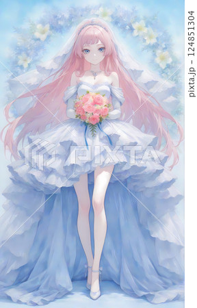 夏の花嫁。純白のウェディングドレスを着たピンクの髪の少女／漫画風のAIイラスト 124851304