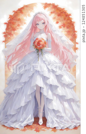 秋の花嫁。純白のウェディングドレスを着たピンクの髪の少女／漫画風のAIイラスト 124851305