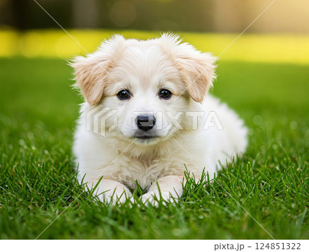 Adorable fluffy puppy lying on fresh green grass in a sunlit park 124851322