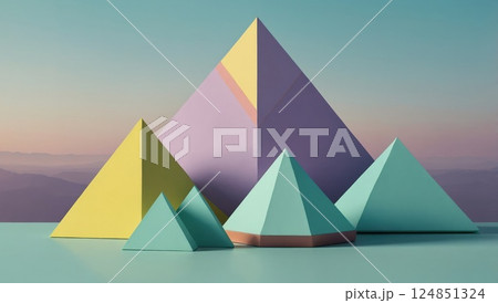 Innovative Abstract Landscape with Modern Geometric Multi-Colored Pyramids 124851324