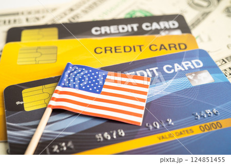Credit card model with US America flag, financial investment economy business banking. 124851455