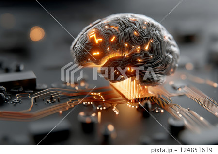 Futuristic AI Brain Connected to Circuit Board 124851619