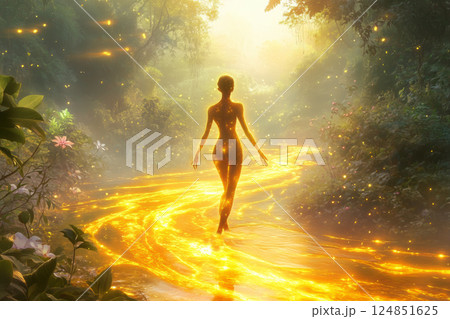 A magical river of pure energy flows in a fabulous valley. There is a girl walking along the river. A symbol of purity, prosperity and abundance. 124851625
