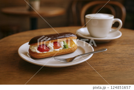 カフェでエクレールのケーキセット 124851657
