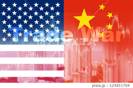 Trade war symbols, Tariff barriers between US and China, USA and China flags on cracked concrete background, USA and China trade war, USA and China trade relations, Symbol of tariff trade war tax. Trade war symbols, Tariff barriers between US and China, USA and China flags on cracked concrete background, USA and China trade war, USA and China trade relations, Symbol of tariff trade war tax. 124851704