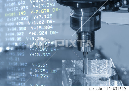 Abstract scene the CNC milling machine rough cutting the aluminum housing parts and NC data background. Abstract scene the CNC milling machine rough cutting the aluminum housing parts and NC data background. 124851849