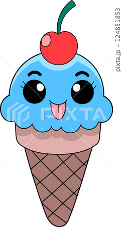 Cute Blue Cartoon Ice Cream with Cherry on Top 124851853