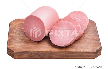 Boiled sausage isolate on a white background. Food, sausage. Sliced sausage on a cutting board Boiled sausage isolate on a white background. Food, sausage. Sliced sausage on a cutting board 124852030