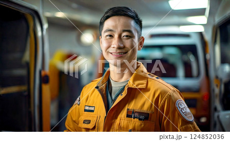 オレンジ色の制服を着て車両の前に立つ男性救助隊員,generative ai_ワイド 124852036