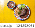 Mexican cuisine with mole poblano chicken with rice 124852061