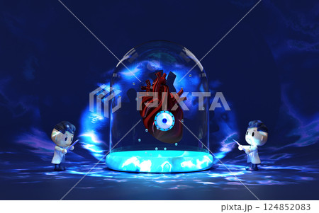 3d glass dome with male and female doctor, artificial heart isolated on blue background. future innovation concept, 3d illustration render 124852083