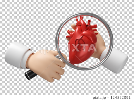 3d Doctor hand holding magnifying glass with realistic human heart isolated. check heart health, health love, world heart day concept, 3d illustration render 3d Doctor hand holding magnifying glass with realistic human heart isolated. check heart health, health love, world heart day concept, 3d illustration render 124852091