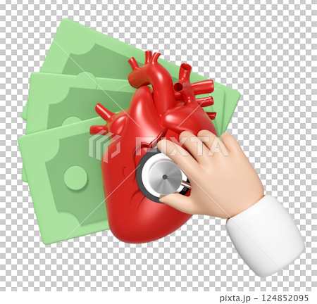 3d realistic human heart with doctor holding a stethoscope, stack of banknotes isolated. heck heart health, expensive medicine concept, 3d illustration render 3d realistic human heart with doctor holding a stethoscope, stack of banknotes isolated. heck heart health, expensive medicine concept, 3d illustration render 124852095