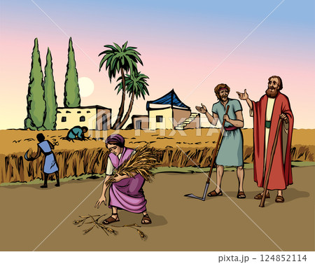 Vector drawing. Ruth and Boaz in the field 124852114