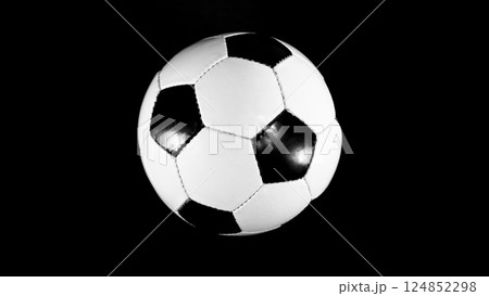 Detail of soccer ball, top view. Isolated on black background. 124852298