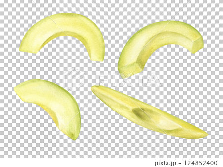 Fresh peeled avocado slices watercolor illustration isolated background. Chopped pastel green fruit ingredients for summer healthy recipes, cafe menus, wellness project, eco friendly packaging. Fresh peeled avocado slices watercolor illustration isolated background. Chopped pastel green fruit ingredients for summer healthy recipes, cafe menus, wellness project, eco friendly packaging. 124852400