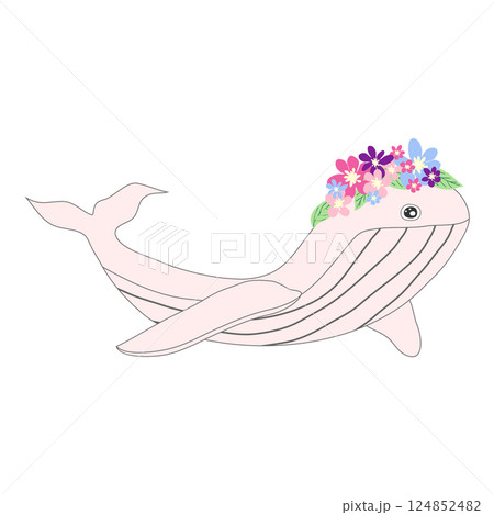 Underwater inhabitants in boho style. Vector illustration animals with flowers. Whale, dolphin, jellyfish, seahorse, turtle, shark, octopus, crab, snail, stingray, fish Underwater inhabitants in boho style. Vector illustration animals with flowers. Whale, dolphin, jellyfish, seahorse, turtle, shark, octopus, crab, snail, stingray, fish 124852482