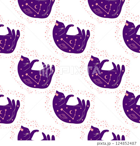 Mystical seamless pattern of cats in boho style, silhouette collection. Witchcraft and magic 124852487