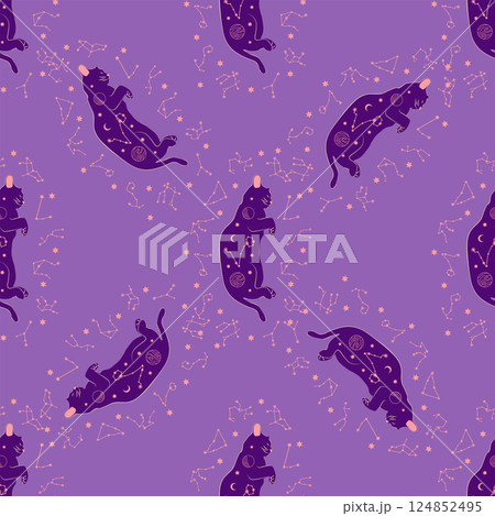 Mystical seamless pattern of cats in boho style, silhouette collection. Witchcraft and magic Mystical seamless pattern of cats in boho style, silhouette collection. Witchcraft and magic 124852495