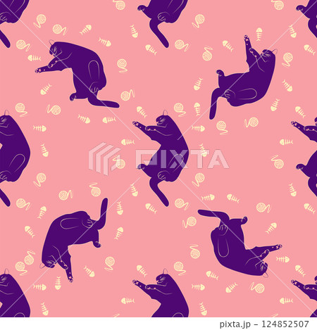 Mystical seamless pattern of cats in boho style, silhouette collection. Witchcraft and magic 124852507
