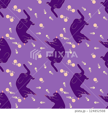 Mystical seamless pattern of cats in boho style, silhouette collection. Witchcraft and magic Mystical seamless pattern of cats in boho style, silhouette collection. Witchcraft and magic 124852508