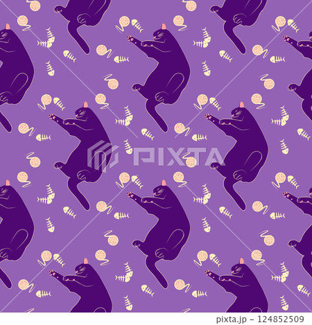 Mystical seamless pattern of cats in boho style, silhouette collection. Witchcraft and magic 124852509
