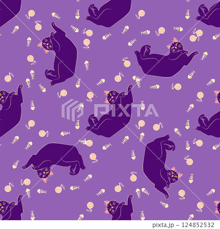 Mystical seamless pattern of cats in boho style, silhouette collection. Witchcraft and magic 124852532
