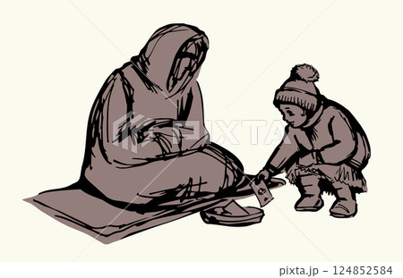 Vector Drawing. Girl Giving Alms to a Beggar 124852584