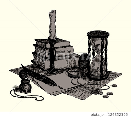 Vector still life: books, compass, hourglass Vector still life: books, compass, hourglass 124852596
