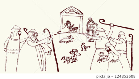 Vector drawing. Men greeting Mary in the barn Vector drawing. Men greeting Mary in the barn 124852609