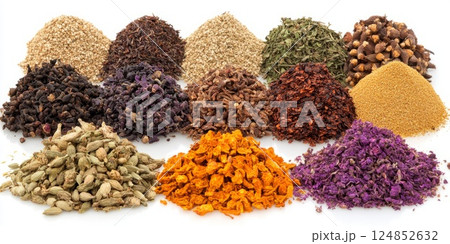 Piles of colorful dried herbs, spices, and powders arranged in a gradient, showcasing their diversity for cooking or natural remedies. 124852632