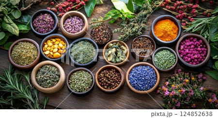A vibrant display of fresh and dried herbs in bowls on a wooden table, perfect for herbalists or natural wellness enthusiasts. 124852638
