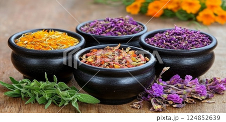 Ceramic bowls filled with colorful dried flowers surrounded by fresh blossoms, ideal for tea blends or decorative arrangements. 124852639