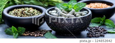 Ceramic bowls filled with dried seeds, leaves, and powders surrounded by fresh greenery to highlight their organic origins and uses. 124852642