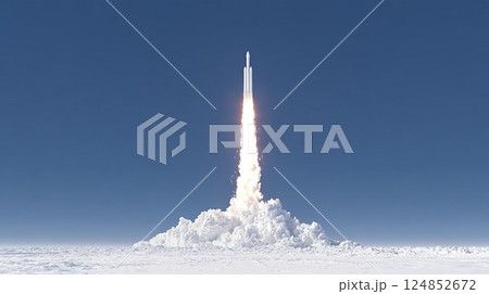 Rocket Launch. A powerful rocket ascends into a clear blue sky, 124852672