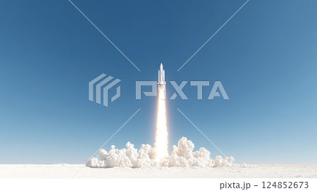Rocket Launch. A powerful rocket ascends into a clear blue sky, 124852673