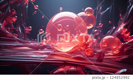 Glossy translucent red spheres floating in abstract fluid environment with a high-shine, futuristic, and surreal effect 124852992