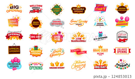 Grand Opening Label and Icon Vector Set. Editable Graphic Elements with text for Promotions and Events.. 124853013