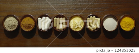 Rows of capsules in small bowls. Alternative medicine, natural health, supplements, vitamins, herbal, dietary support. 124853025