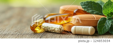 Assorted pills on wooden surface with leaf . Alternative medicine, natural health, supplements, vitamins, herbal ingredient. 124853034