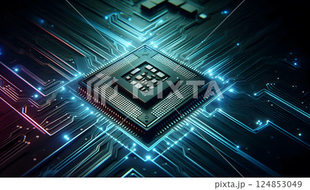 Computer Chip Dark Background with Circuit Board Texture 124853049